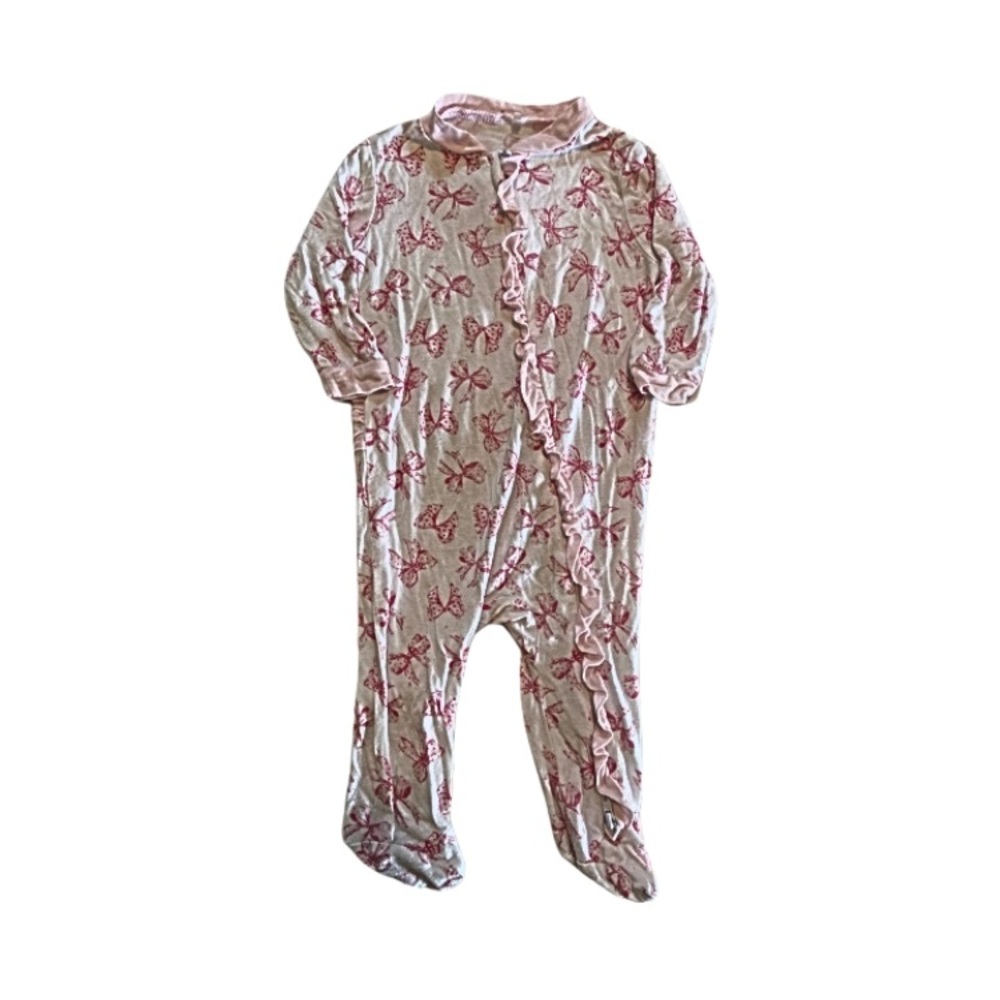 Milk berry 3-6 month bow printed ruffle butt one piece 2 way zip sleeper organic